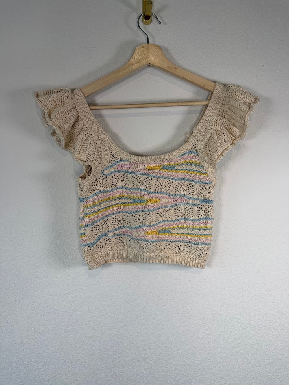 Zara Romantic Pointelle Open Knit Ruffle Shoulder Tank Crop Top S